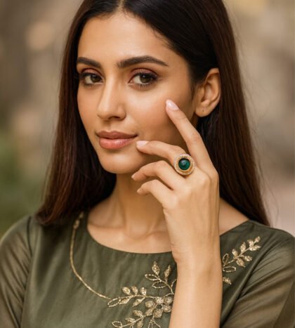 Green Stone Kundan Ring for Women with Gold Finish – Elegant Statement Finger Ring