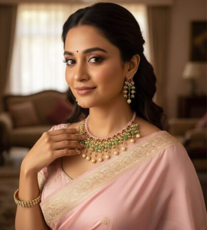 Kundan Choker Necklace Set with Green Stones & Pearl Drops – Gold Finish Bridal Jewelry