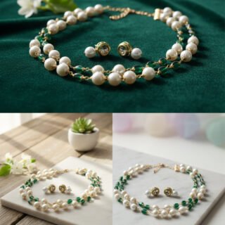 Green Bead and Pearl Necklace Set with Gold Finish – Elegant Ethnic Jewelry Set