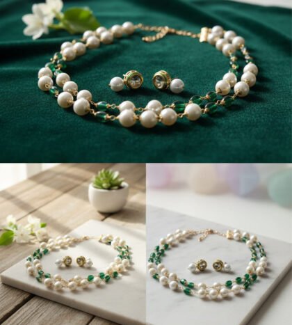 Green Bead and Pearl Necklace Set with Gold Finish – Elegant Ethnic Jewelry Set
