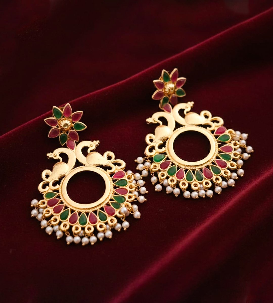 Peacock Design Kundan Chandbali Earrings with Pearl Drops & Gold Finish - Image 4