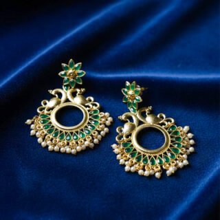 Peacock Design Kundan Chandbali Earrings with Pearl Drops & Gold Finish