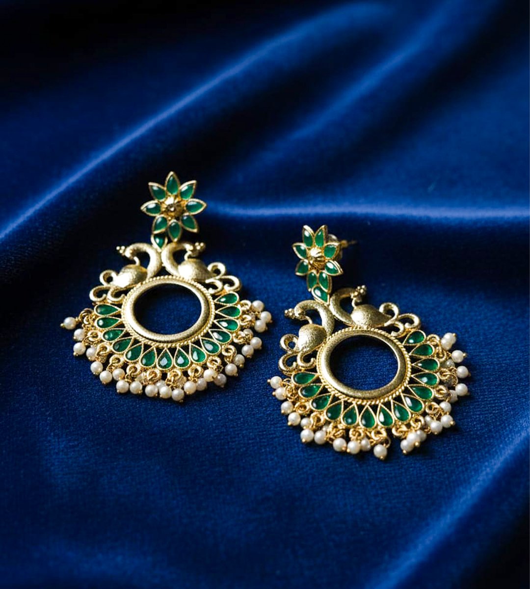 Peacock Design Kundan Chandbali Earrings with Pearl Drops & Gold Finish