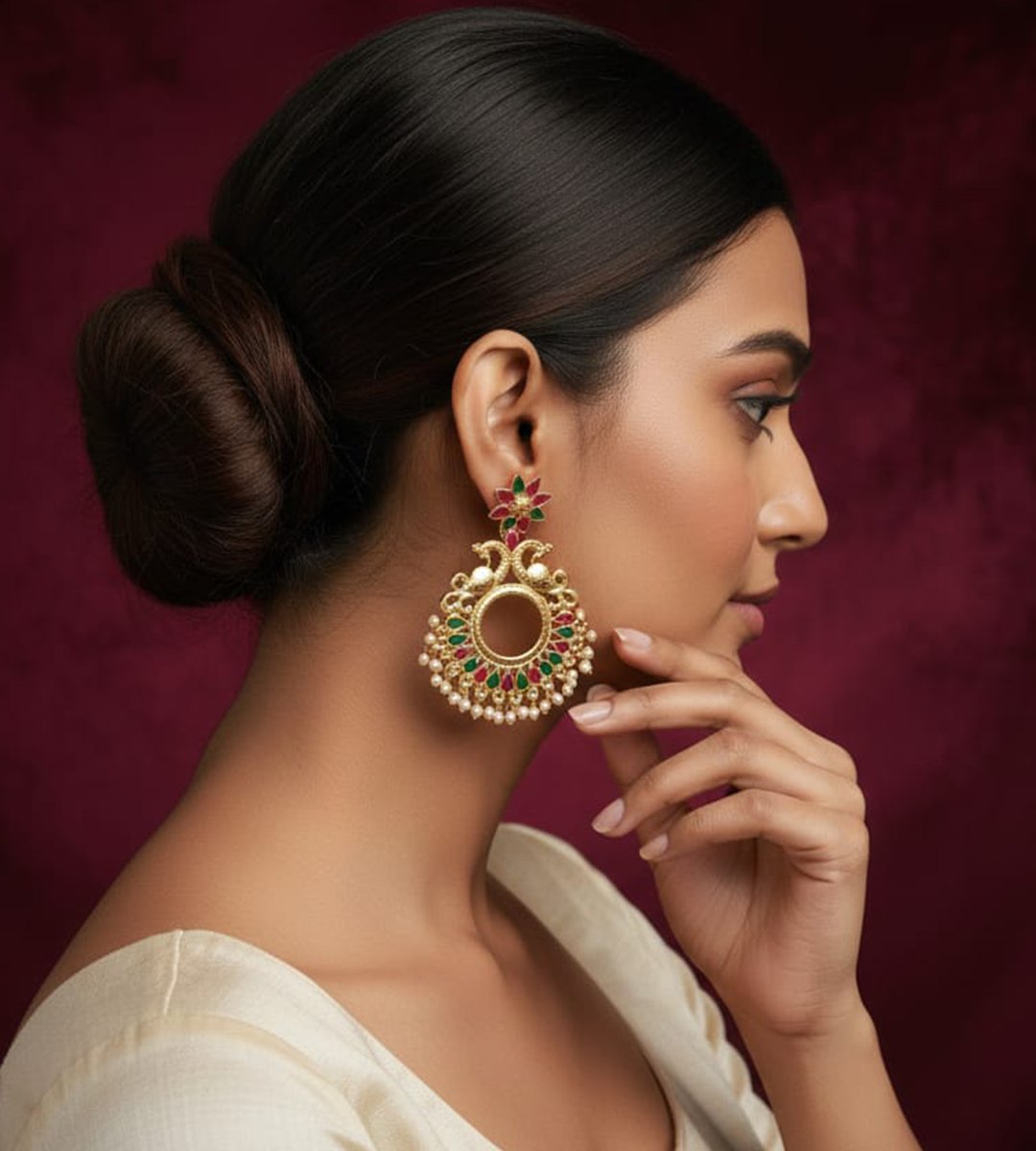 Peacock Design Kundan Chandbali Earrings with Pearl Drops & Gold Finish - Image 3