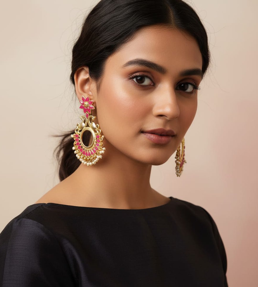 Peacock Design Kundan Chandbali Earrings with Pearl Drops & Gold Finish - Image 5