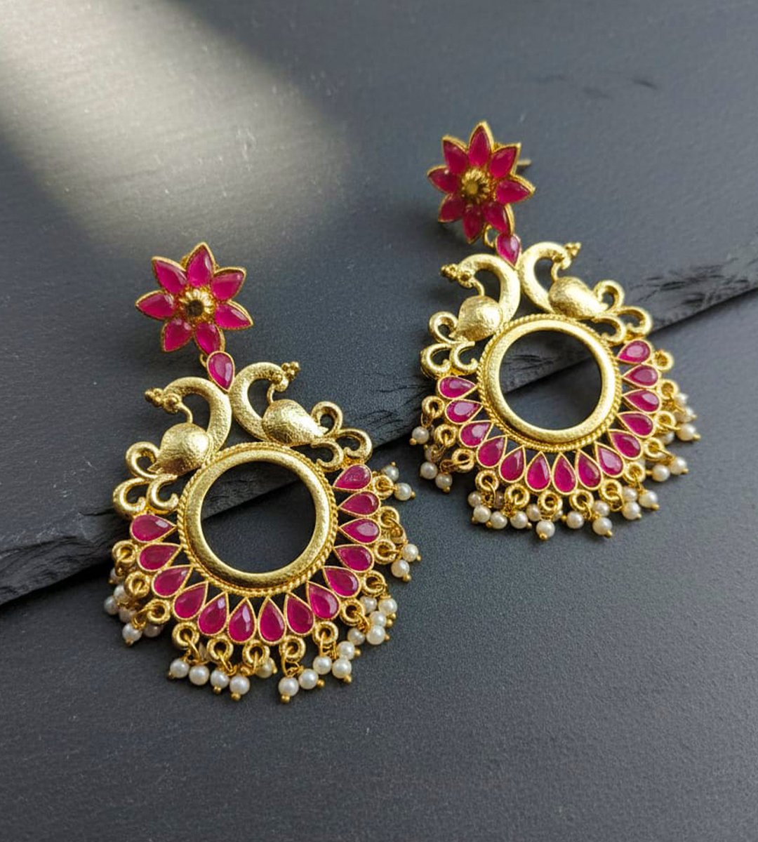 Peacock Design Kundan Chandbali Earrings with Pearl Drops & Gold Finish - Image 2