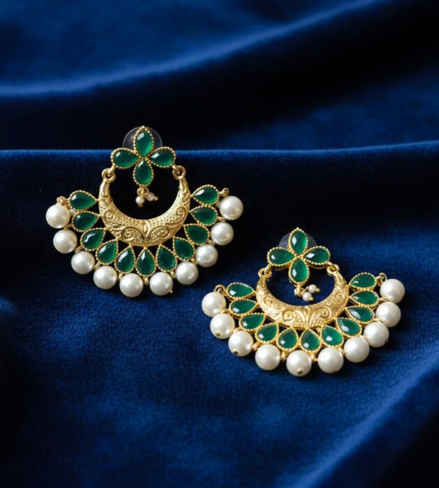 Pink Kundan Chandbali Earrings with Pearl Drops & Gold Finish