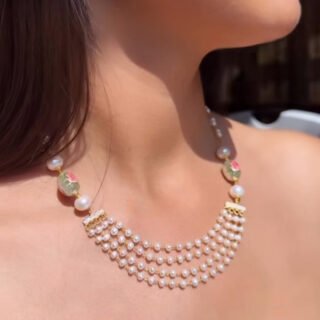 Handcrafted Multi Layer Pearl Necklace with Floral Beads & Gold Finish