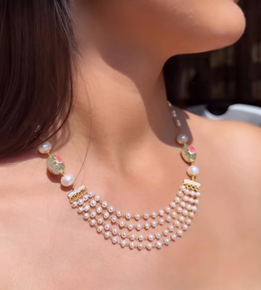 Handcrafted Multi Layer Pearl Necklace with Floral Beads & Gold Finish