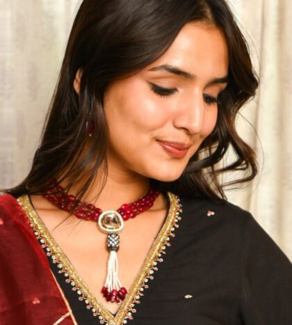 Maroon Beaded Kundan Necklace Set with Pearl Tassel & Gold Finish